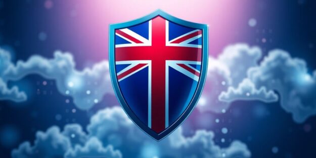 Microsoft 365 security shield with UK flag elements.