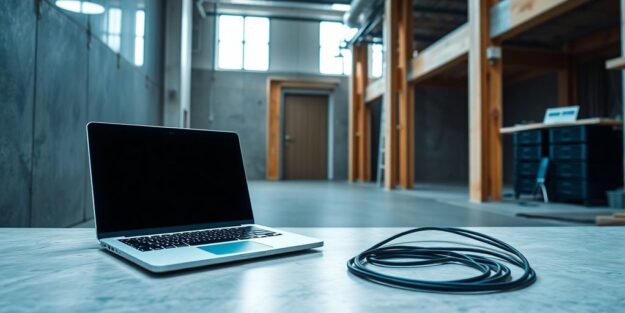 Construction site office with digital security elements.