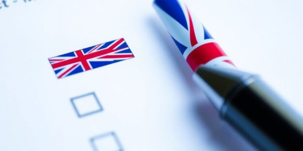 Cybersecurity checklist and UK flag.