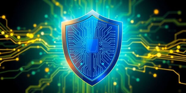 Cyber protection shield with glowing digital circuits and data streams.