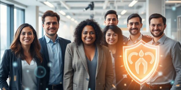 Business leaders securing digital assets with glowing shield.