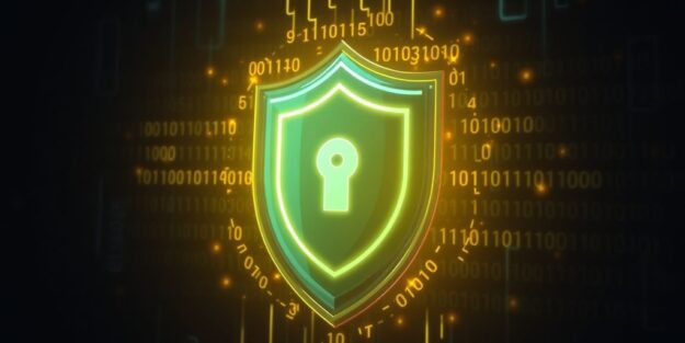 Cyber Essentials badge with a digital shield.