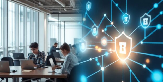 Microsoft 365 lock icons and network pathways.