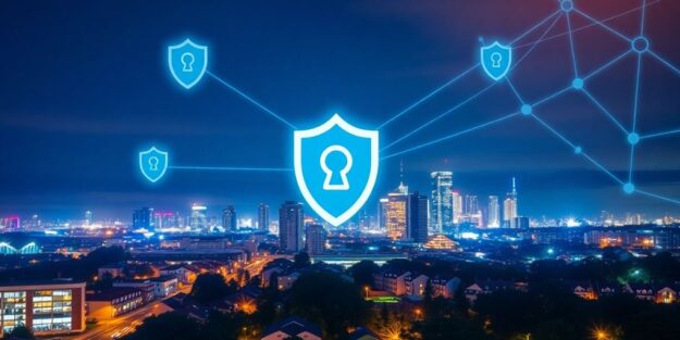 Surrey skyline with digital security icons.