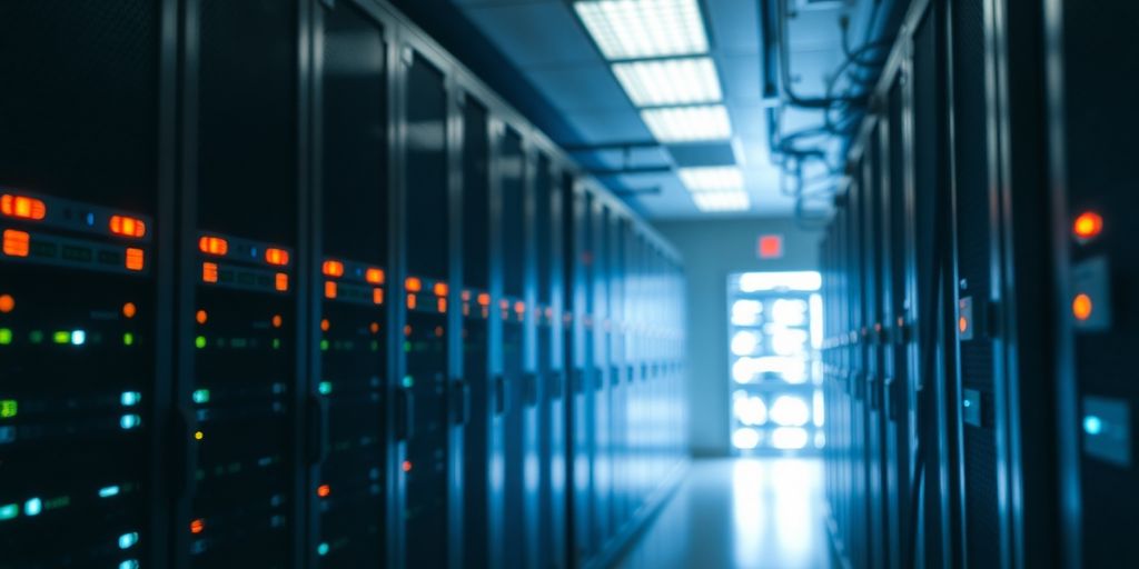 Server racks with glowing red alert lights.
