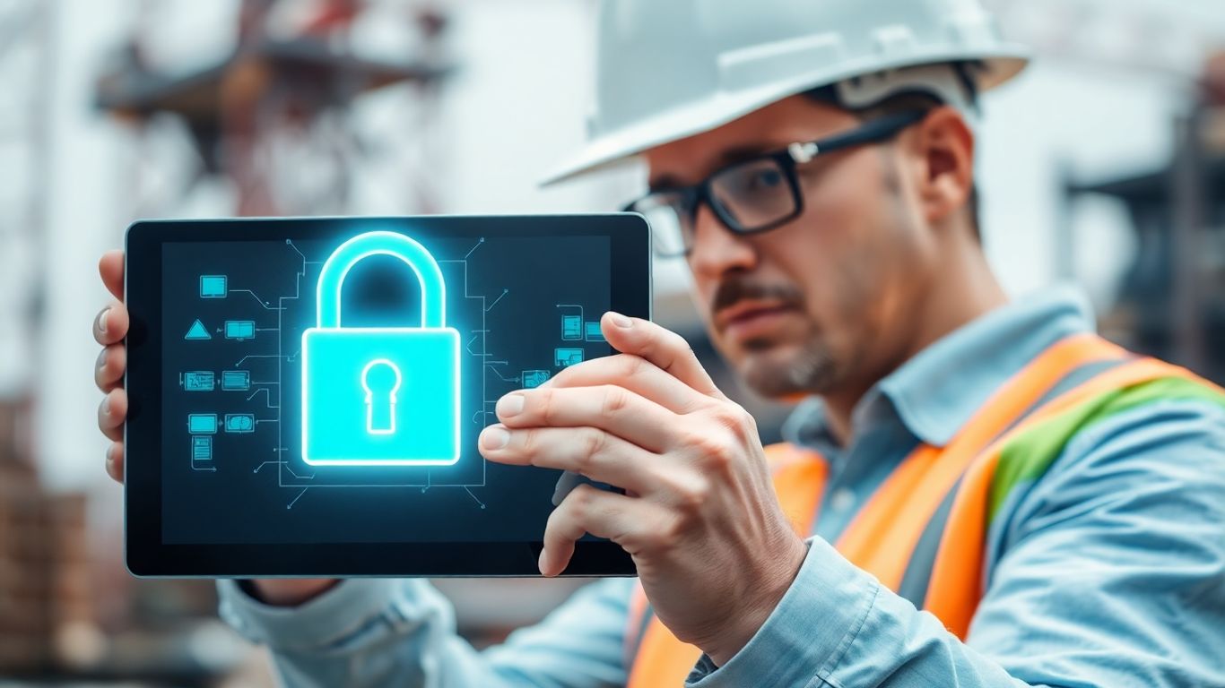 Construction worker with digital padlock on tablet