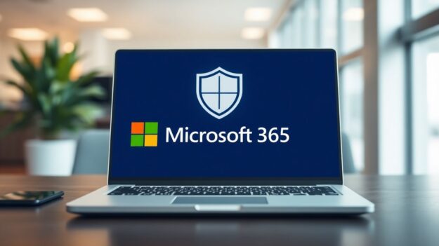 Microsoft 365 security shield protecting a laptop.
