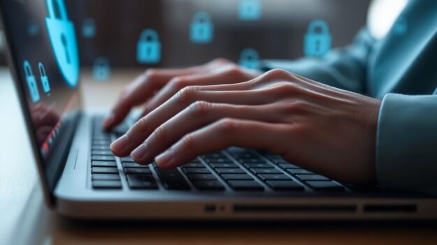 Hands typing on a laptop keyboard, digital security.