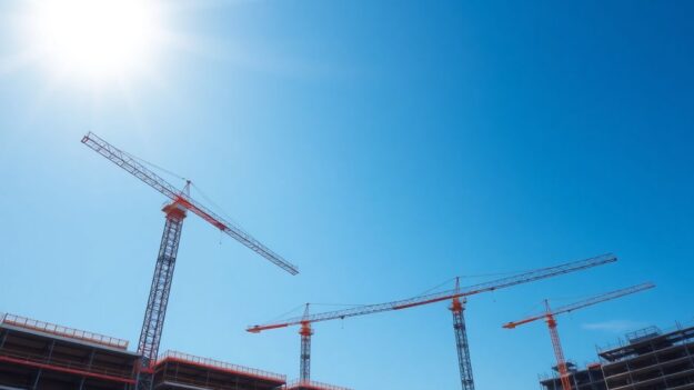 Construction site with cranes under a blue sky.