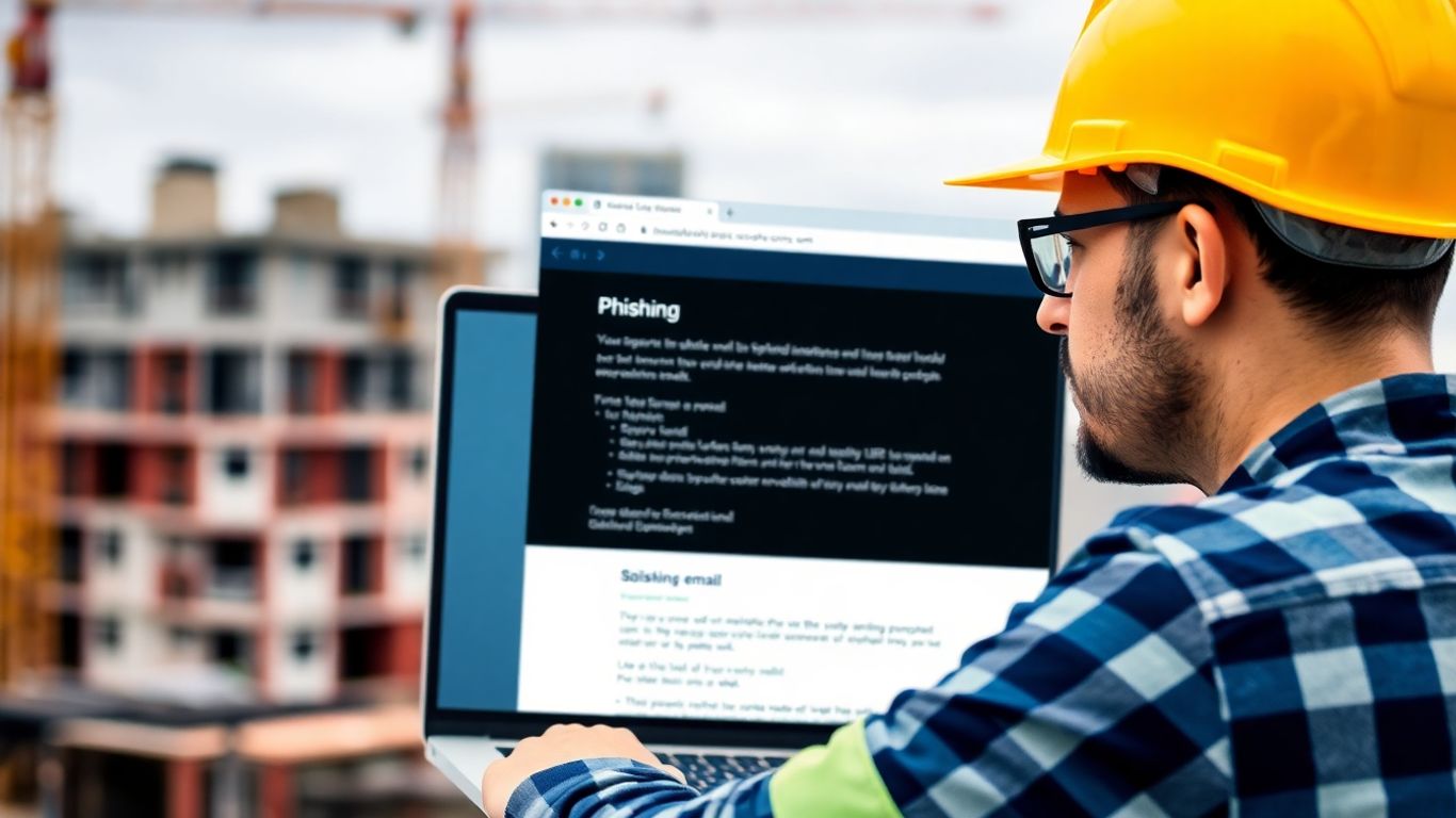 Construction worker viewing phishing email on laptop at site.