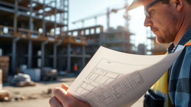 Construction worker looking at building plans on site.