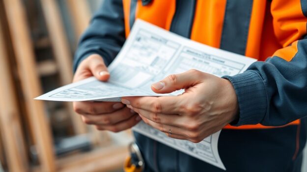 Construction worker holding blueprint, secure supply chain.