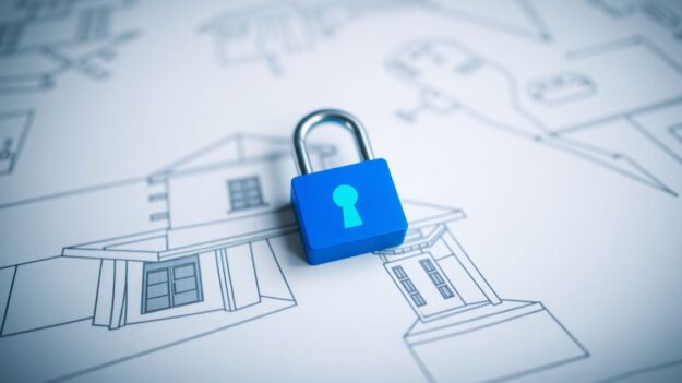 Digital padlock over building blueprint