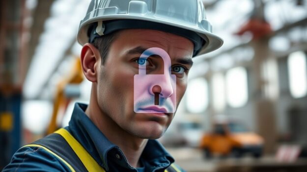 Construction worker with digital lock icon, conveying cybersecurity concerns.
