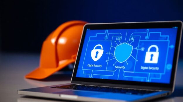 Hard hat and laptop with cyber security icons.