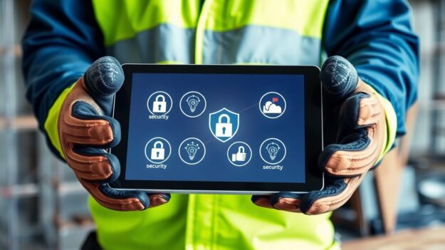Construction worker holding tablet with security icons.