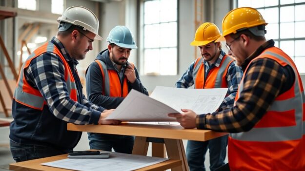 Construction workers planning an incident response.