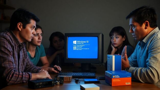 Family looks worried around old Windows 10 computer
