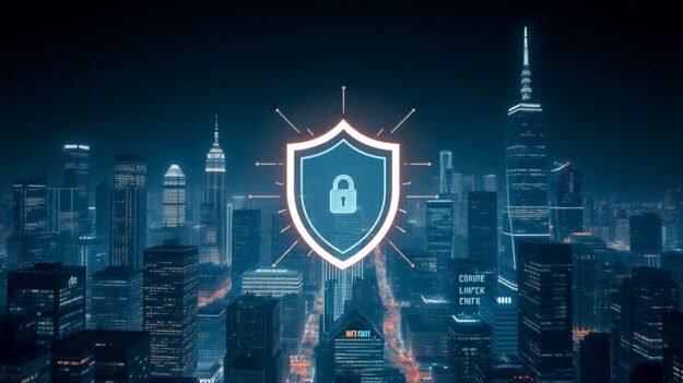 Futuristic cityscape with digital circuits and a shield icon.