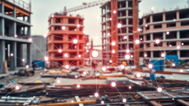 Construction site with digital cyber risk overlay.