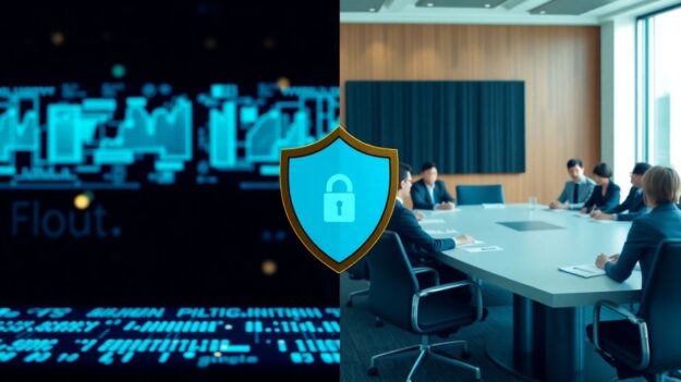 Business leaders and digital security icons merging.