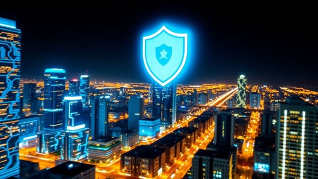 Futuristic cityscape with digital shield, cyber insurance concept.
