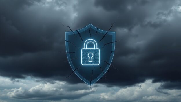 Broken digital shield with a lock icon.