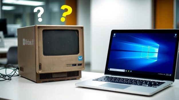 Old PC versus new laptop with Windows 11 logo.