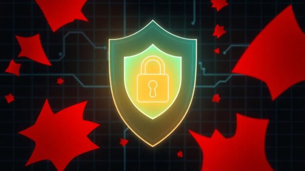 Digital shield blocking cyber threats, with a lock icon.