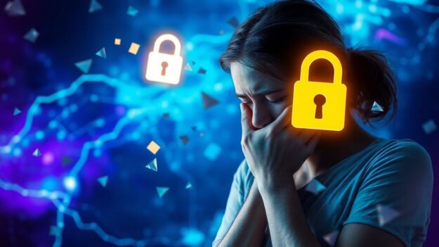 Person distressed by hacked emails, digital fragments, padlock.