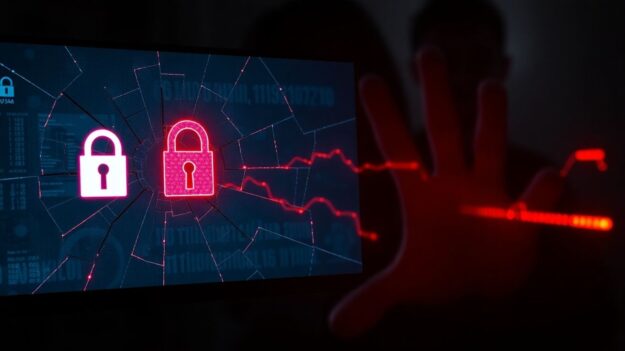 Cracked computer screen with ransomware lock icons.