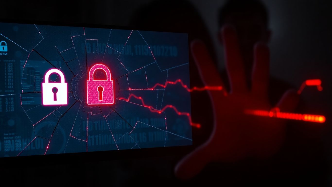 Cracked computer screen with ransomware lock icons.