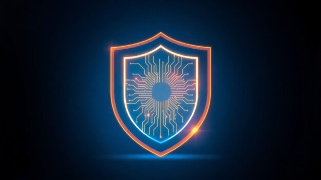 Digital shield with glowing circuits and abstract lines.