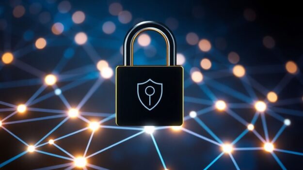 Padlock protecting digital network data.