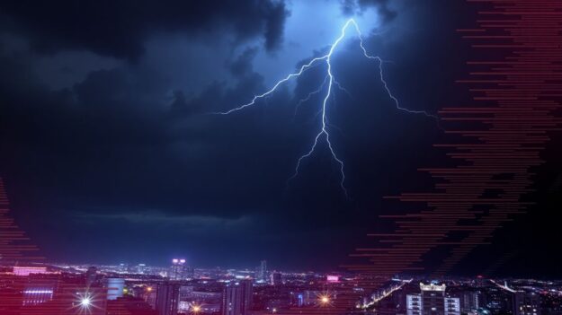 Dark stormy sky over city with flickering lights.