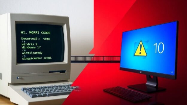 Old computer code transitioning to modern Windows 10 warning.