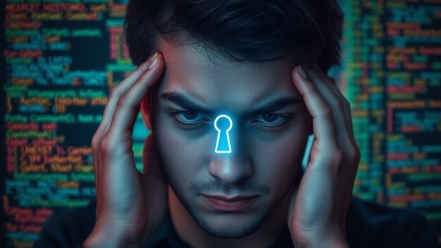 Cyber attack threat with a glowing keyhole solution.