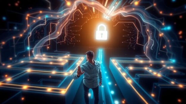 Person easily completing Cyber Essentials with digital security.