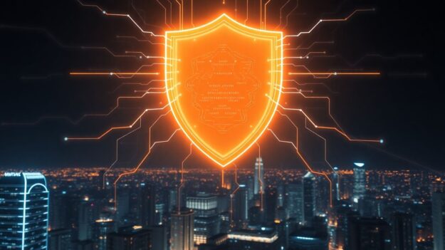 Digital shield protecting a city from cyber threats.