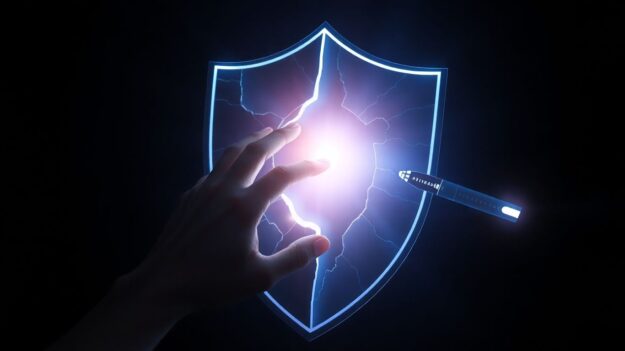 Digital shield with cracks being repaired before pen testing.