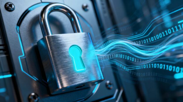 Digital lock with glowing keyhole and flowing code.