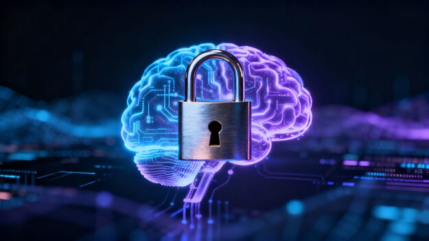 Padlock securing a digital brain, data protection concept.