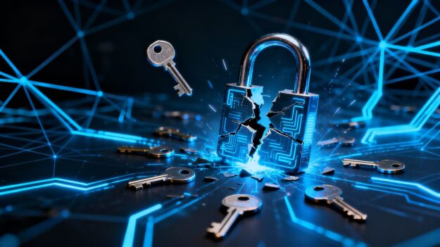 Broken padlock with scattered keys and a single intact key.