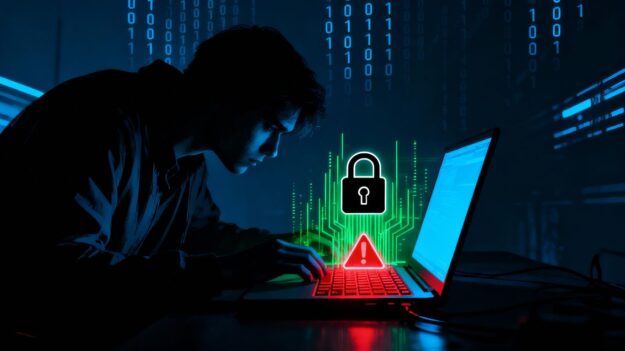 Glowing laptop with data streams and a padlock icon.