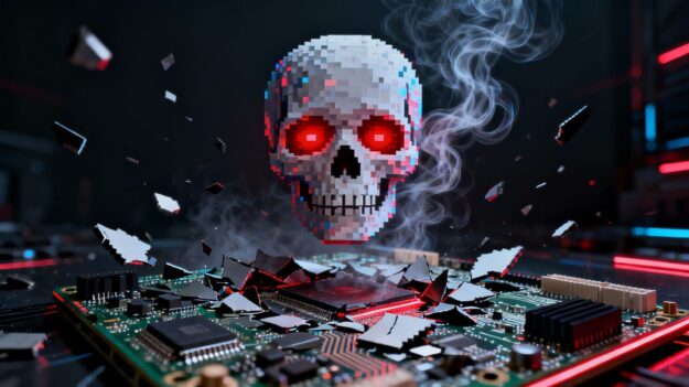 Digital skull over broken computer motherboard.