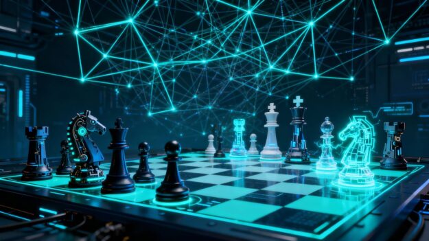 Cybersecurity strategy with digital chessboard and network.