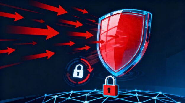 Digital shield blocking threats, rotating lock, secure network.