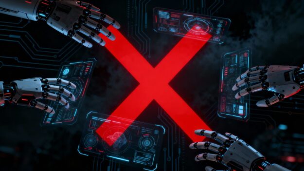 AI tools banned with a red cross symbol.