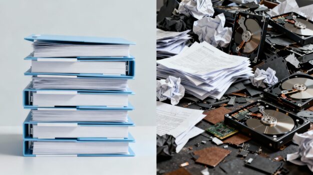 Digital files organised, physical data discarded.