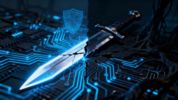 Digital sword, half light, half dark, piercing circuits.